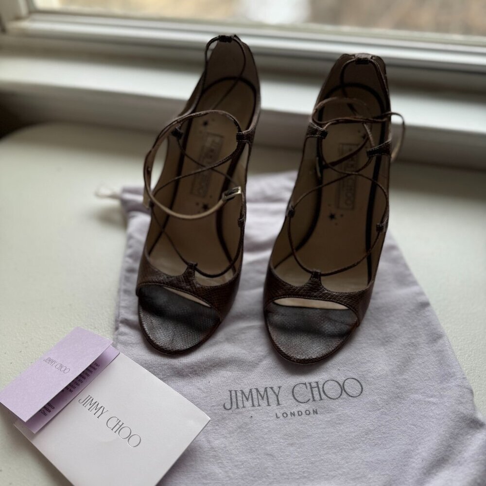 🤎✨ Jimmy Choo Tobacco Karung Skin Lace-Up Heels Size 40 (US 9–9.5) 🤎✨